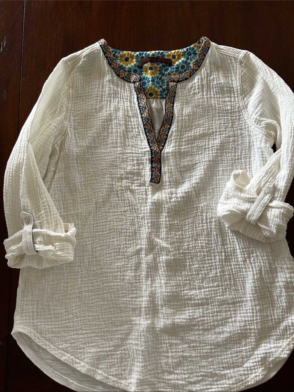 Common Thread Women’s White Gauze Tunic Shirt with Floral Trim Small Anthro